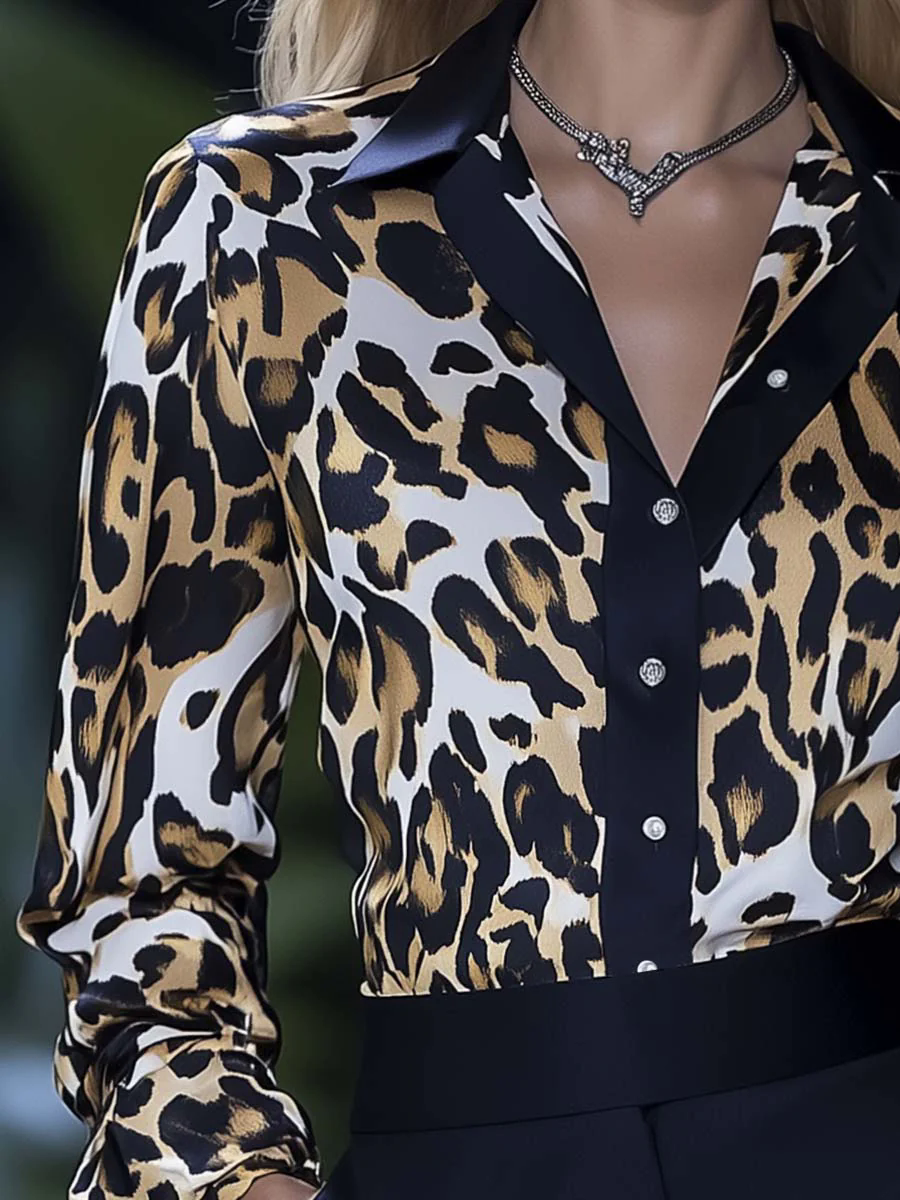 Elegant and Stylish Black Trim Leopard Print Satin Shirt