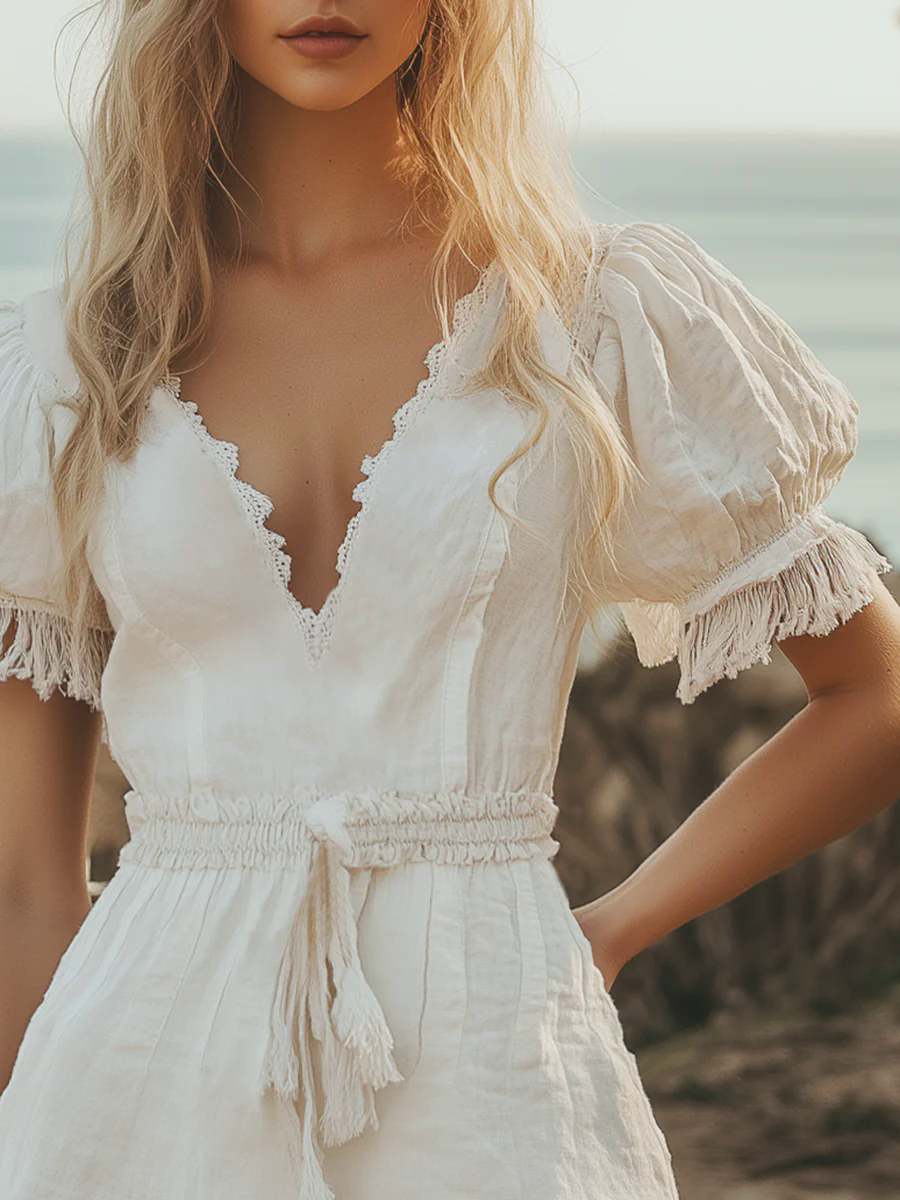 Comfortable Breathable Lace V-neck Cotton And Linen Tassel Jumpsuit Shorts