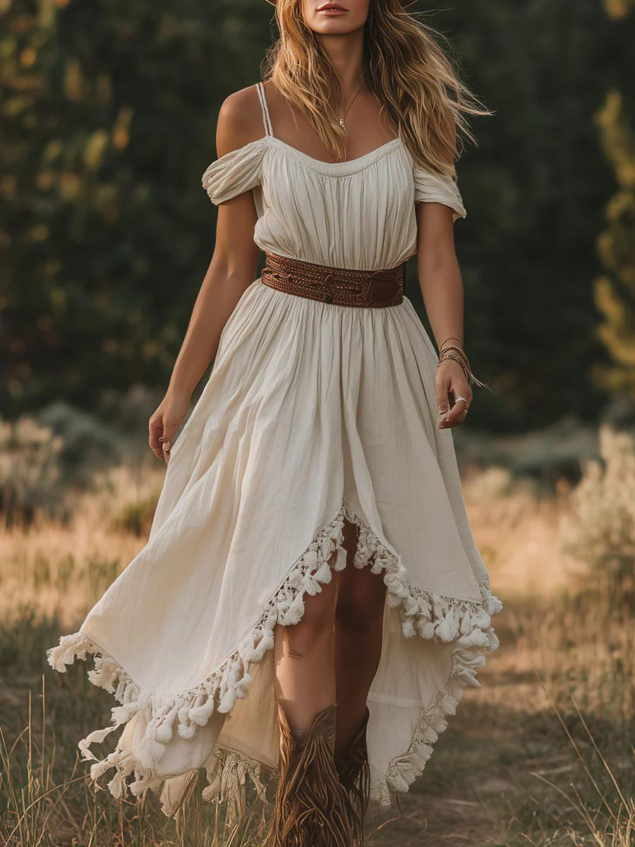 Retro Bohemian Off-the-shoulder Irregular Tassel Hem Beige Cotton And Linen Midi Dress