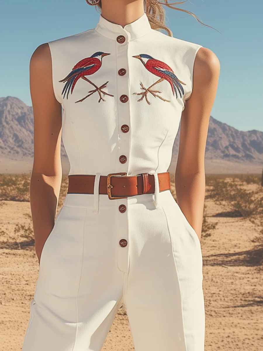 Retro Western Style Embroidered Stand Collar Sleeveless Wide Leg Jumpsuit