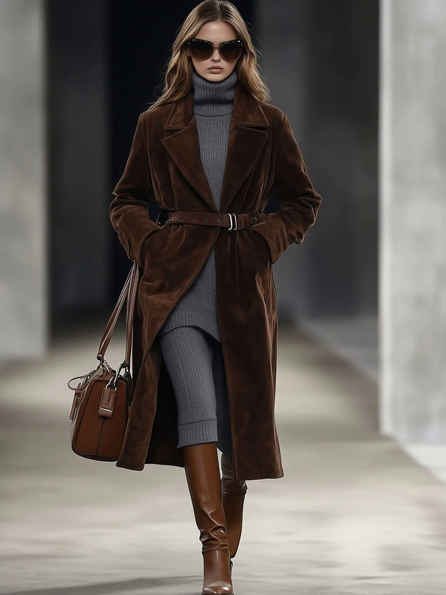 Casual Loose Retro Solid Chocolate Color Belted Suede Mid-Length Coat