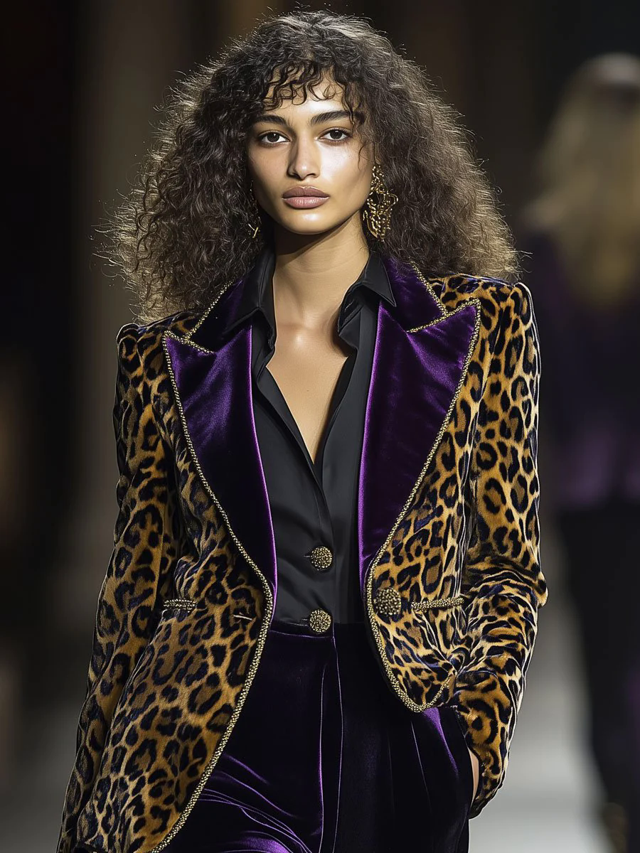 Casual Vintage Velvet Leopard Print Contrast Lapel Blazer