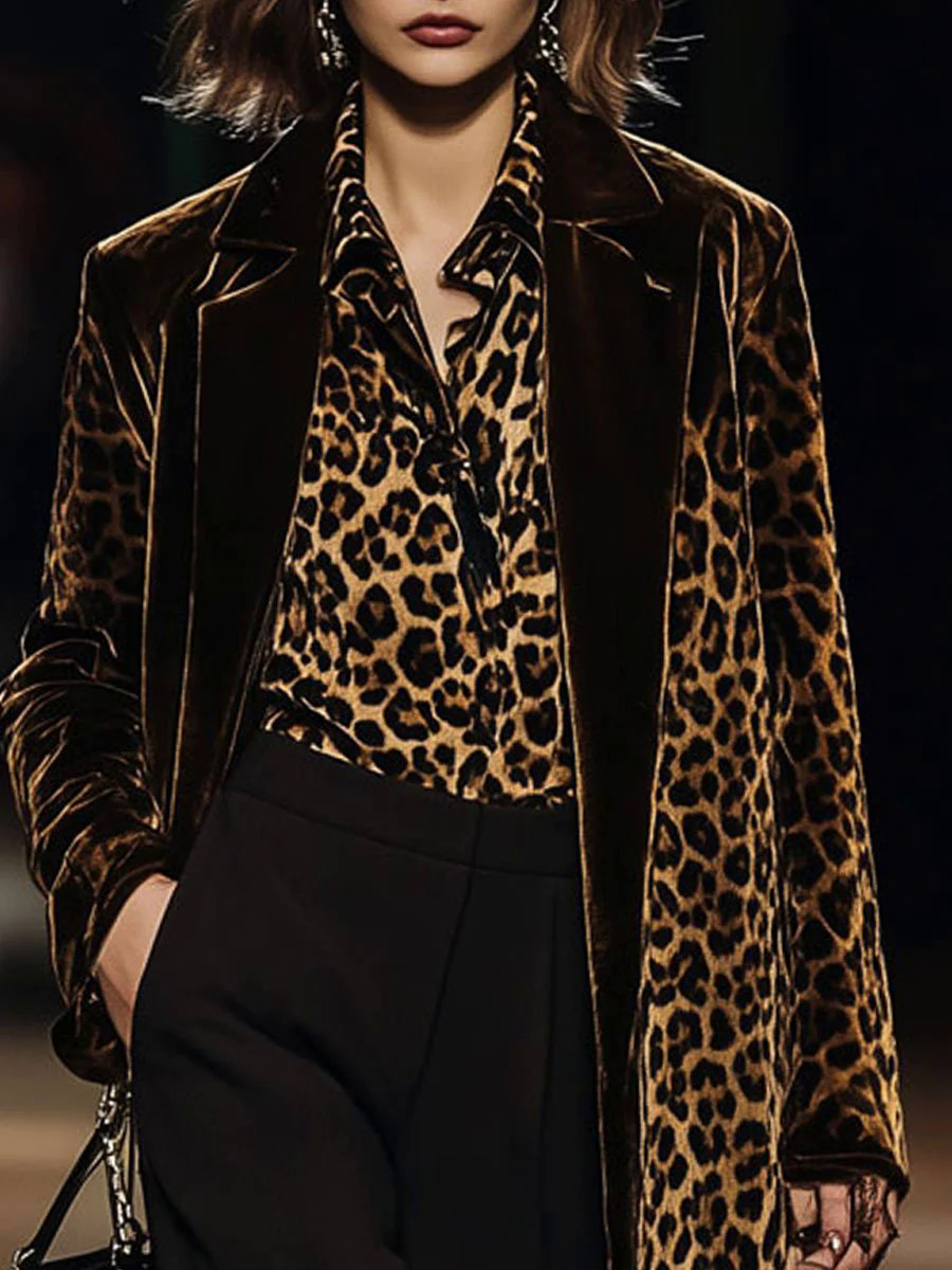 Casual Loose Vintage Velvet Leopard Print Colorblock Lapel Coat