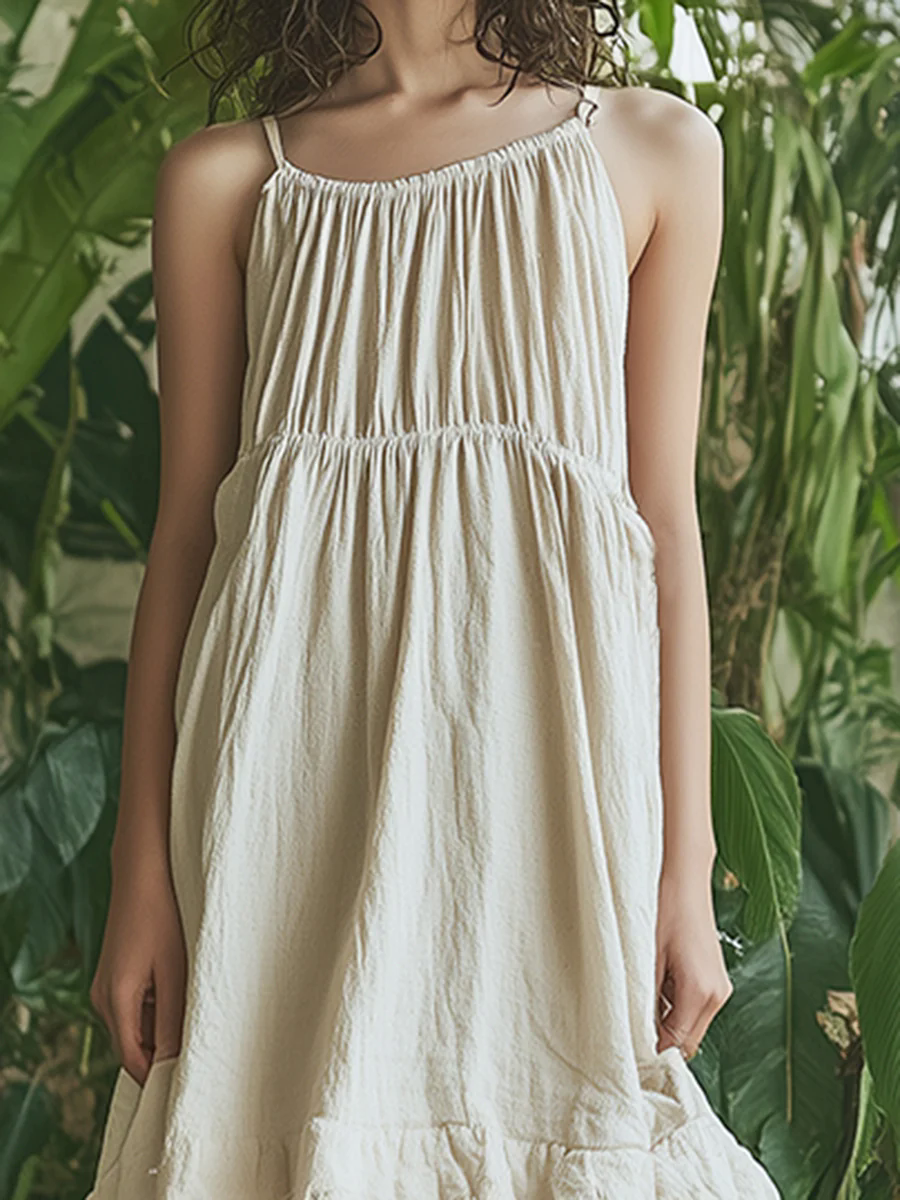 Simple Loose Irregular Raw Edge Hem Sleeveless Beige Cotton And Linen Maxi Dress