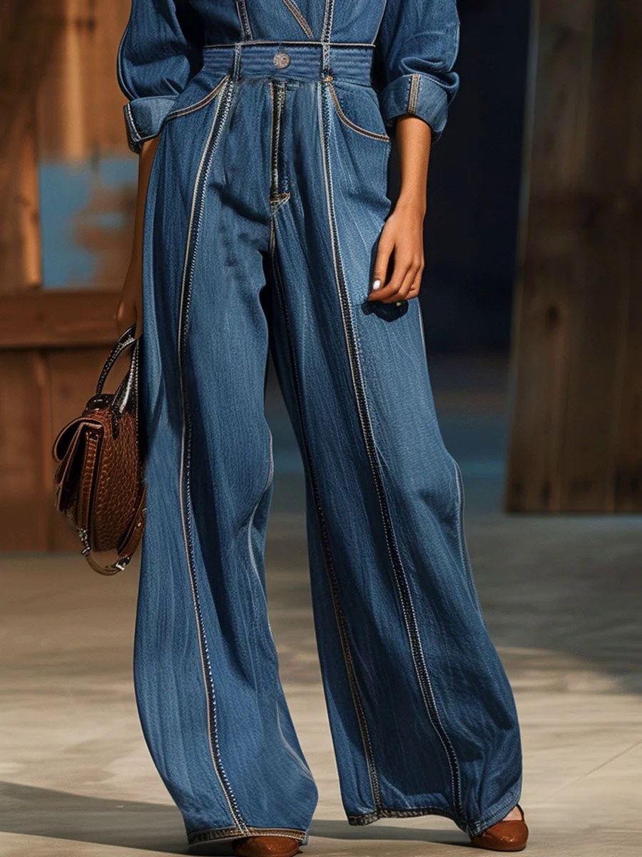 Casual Loose Retro Belted Long Sleeve Denim Jumpsuit