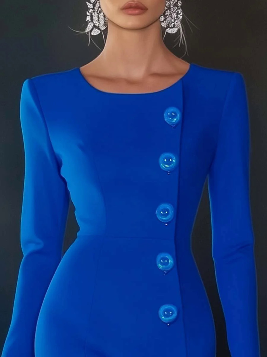 Elegant and Simple Round Neck Button Decoration Blue Midi Dress