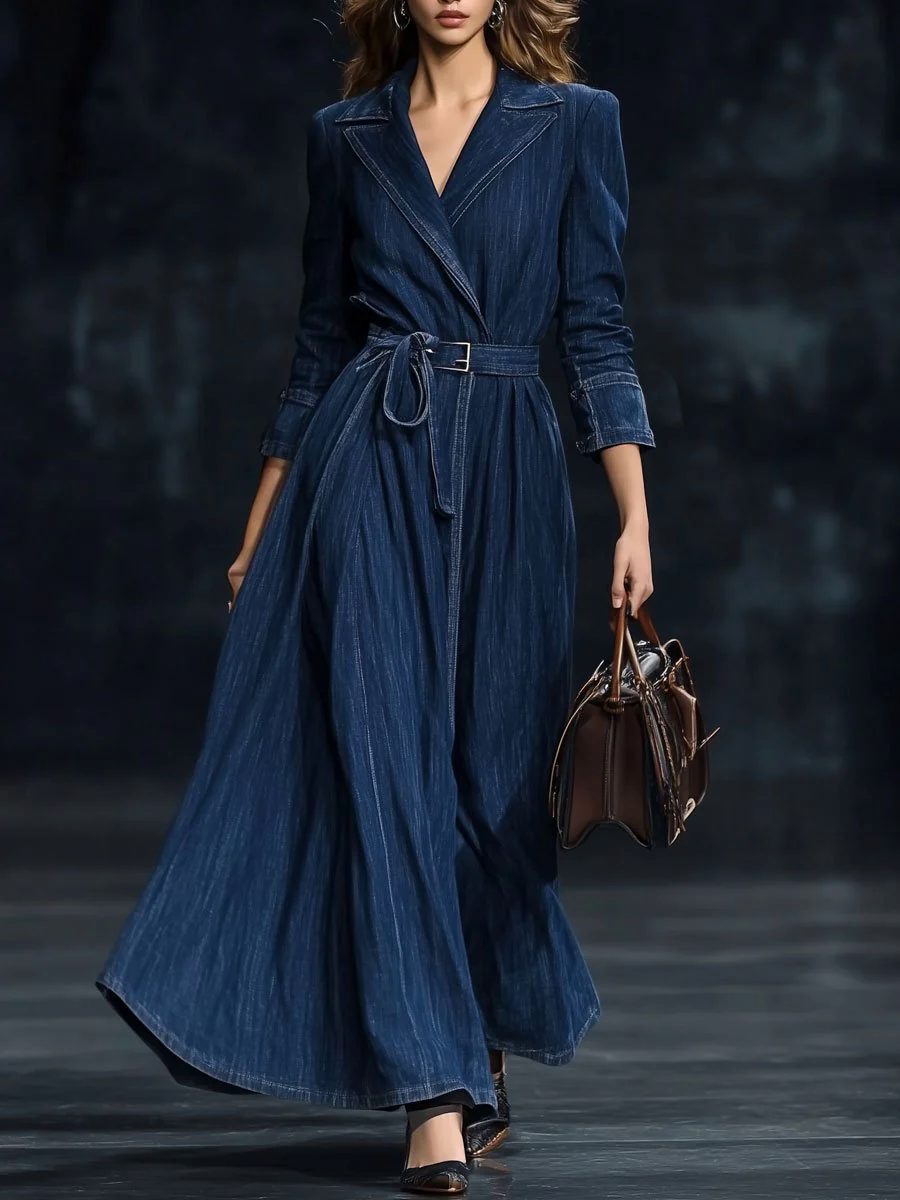 Casual Retro Belted Denim Long Sleeve Maxi Dress Style Trench Coat