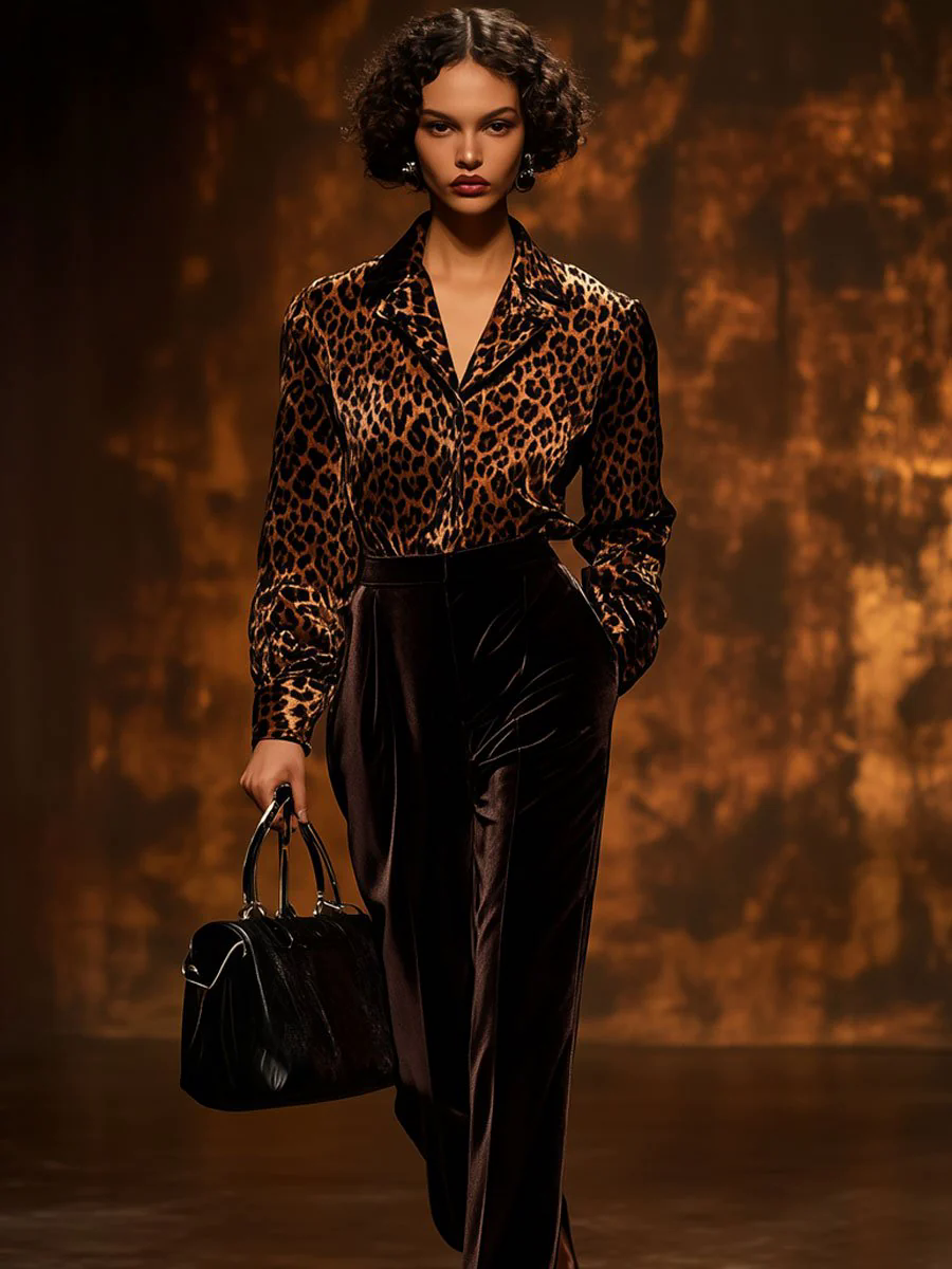 Casual Loose Vintage Velvet Leopard Print Long Sleeve Blouse