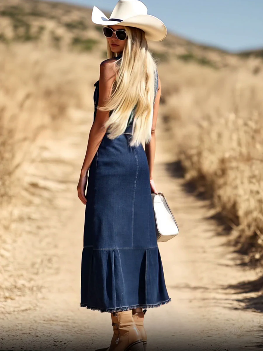 Casual Fashion Dark Blue Denim Sleeveless Shirt Fishtail Midi Dress