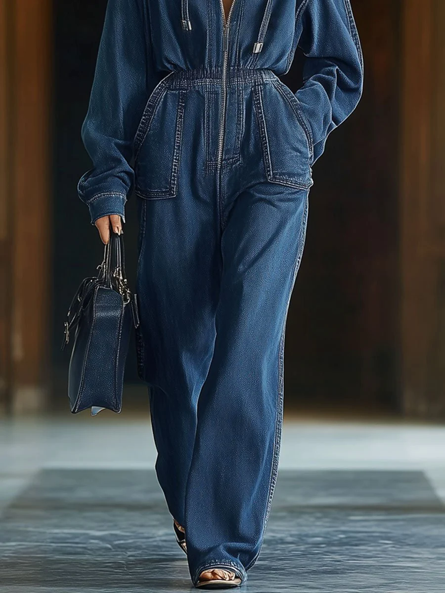 Casual Loose Retro Elastic Waist Zipper Long Sleeve Hooded Denim Jumpsuit