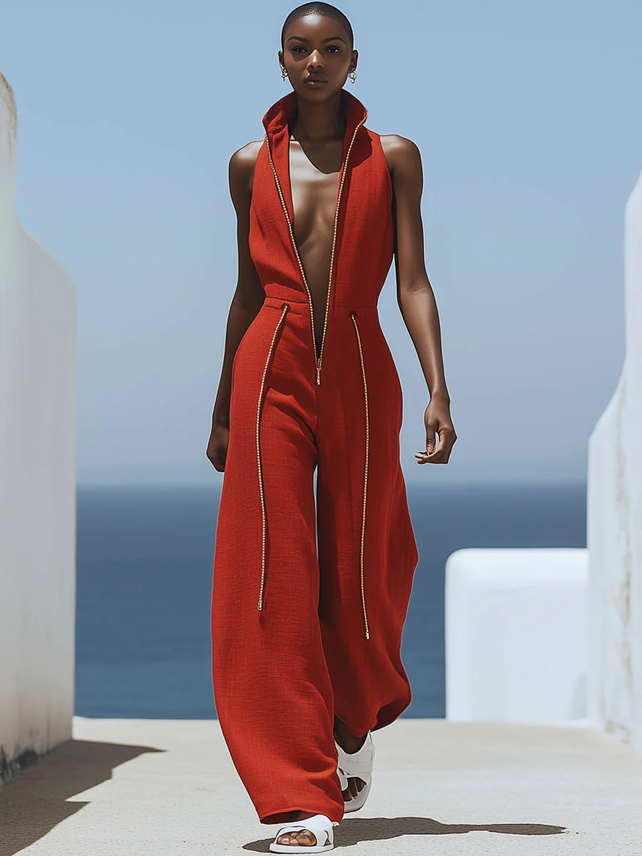 Casual Retro Red Cotton and Linen Zipper Sleeveless Elastic Waist Wide Leg Jumpsuit
