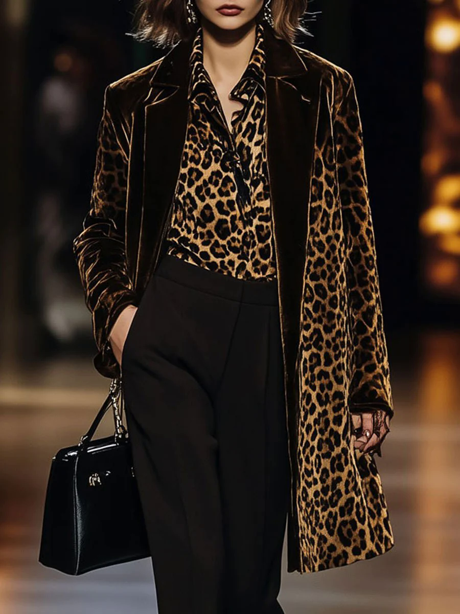 Casual Loose Vintage Velvet Leopard Print Colorblock Lapel Coat