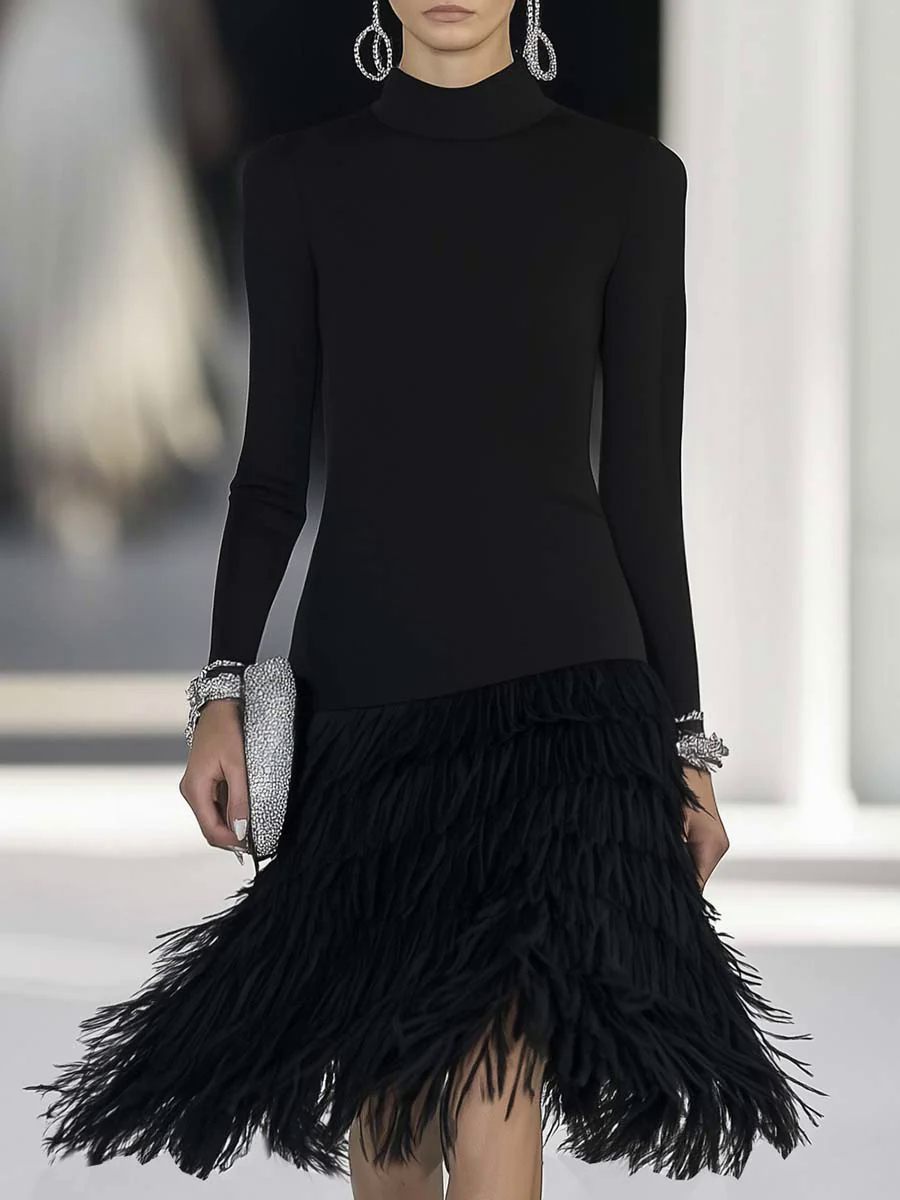 Elegant and Fashionable Half-high Collar Feather Hem Stitching Black Midi Dress