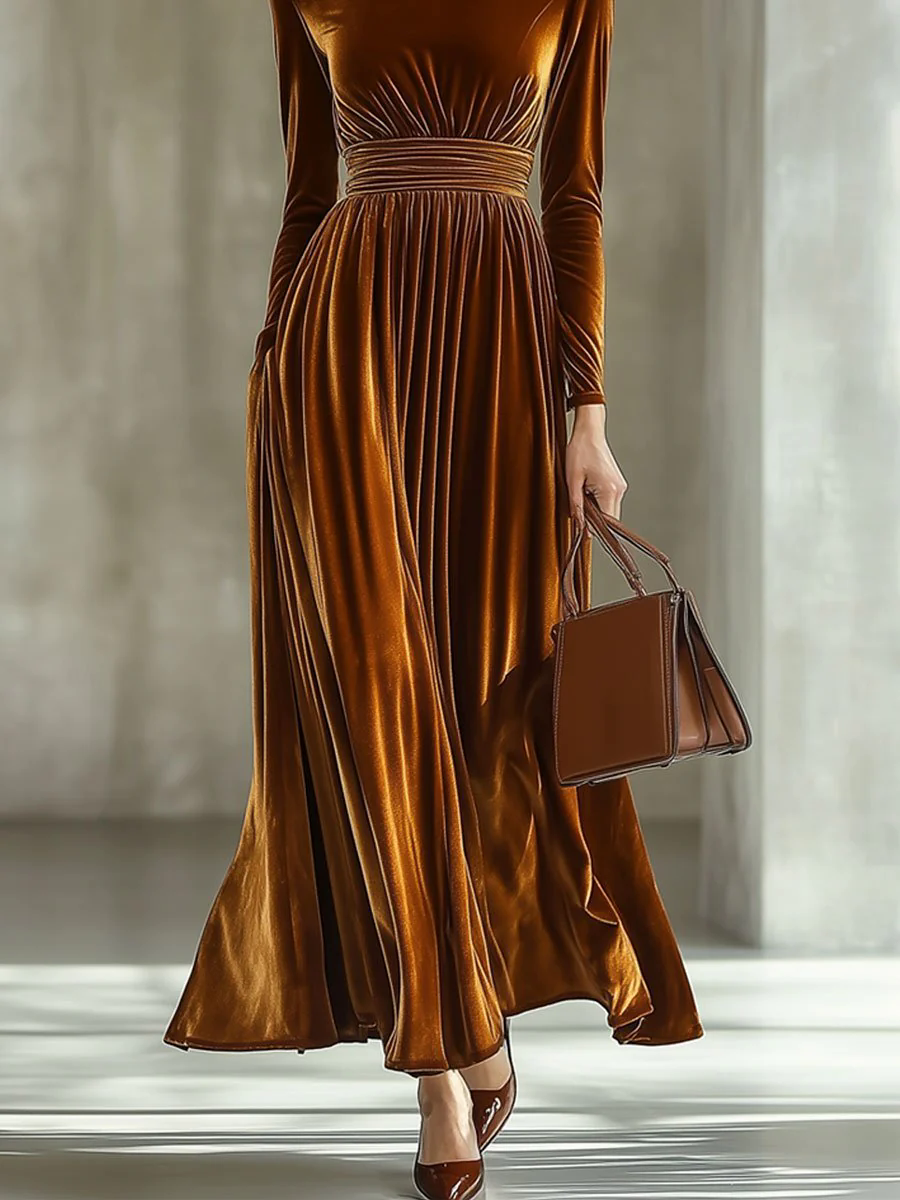 Solid Color Simple Party Long Sleeve Half Turtleneck Maxi Dress