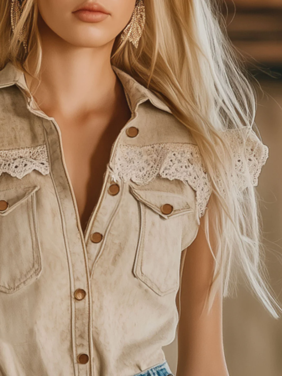 Western Vintage Apricot Suede Lace Trim Sleeveless Shirt