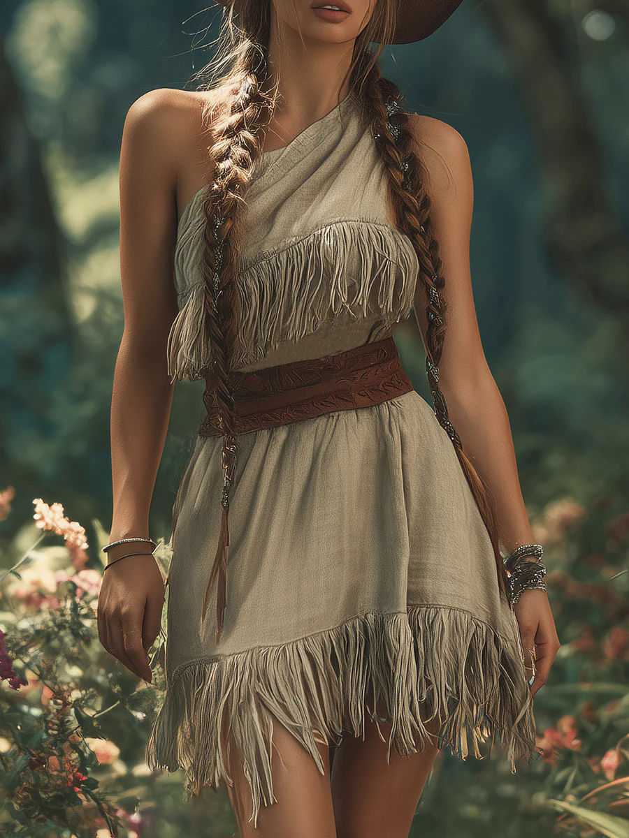 Fashionable Western Style One Shoulder Tassel Splicing Khaki Cotton And Linen Mini Dress