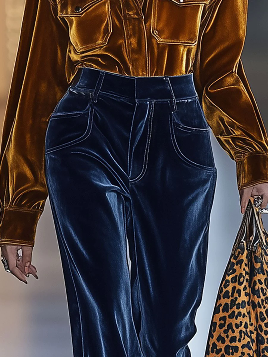 Casual Loose Retro Pocket Solid Velvet Long Sleeve Blouse