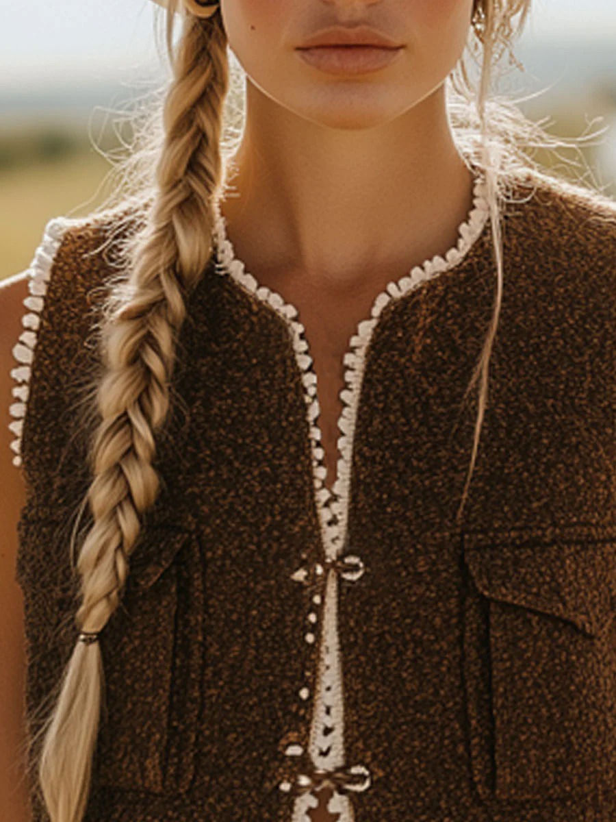 Vintage Casual Brown Floral Lace Pocket Tassel Vest