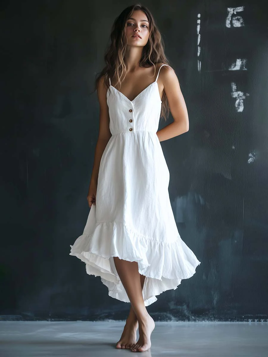 Casual Elegant White Spaghetti Strap Cotton Linen Summer Maxi Dress