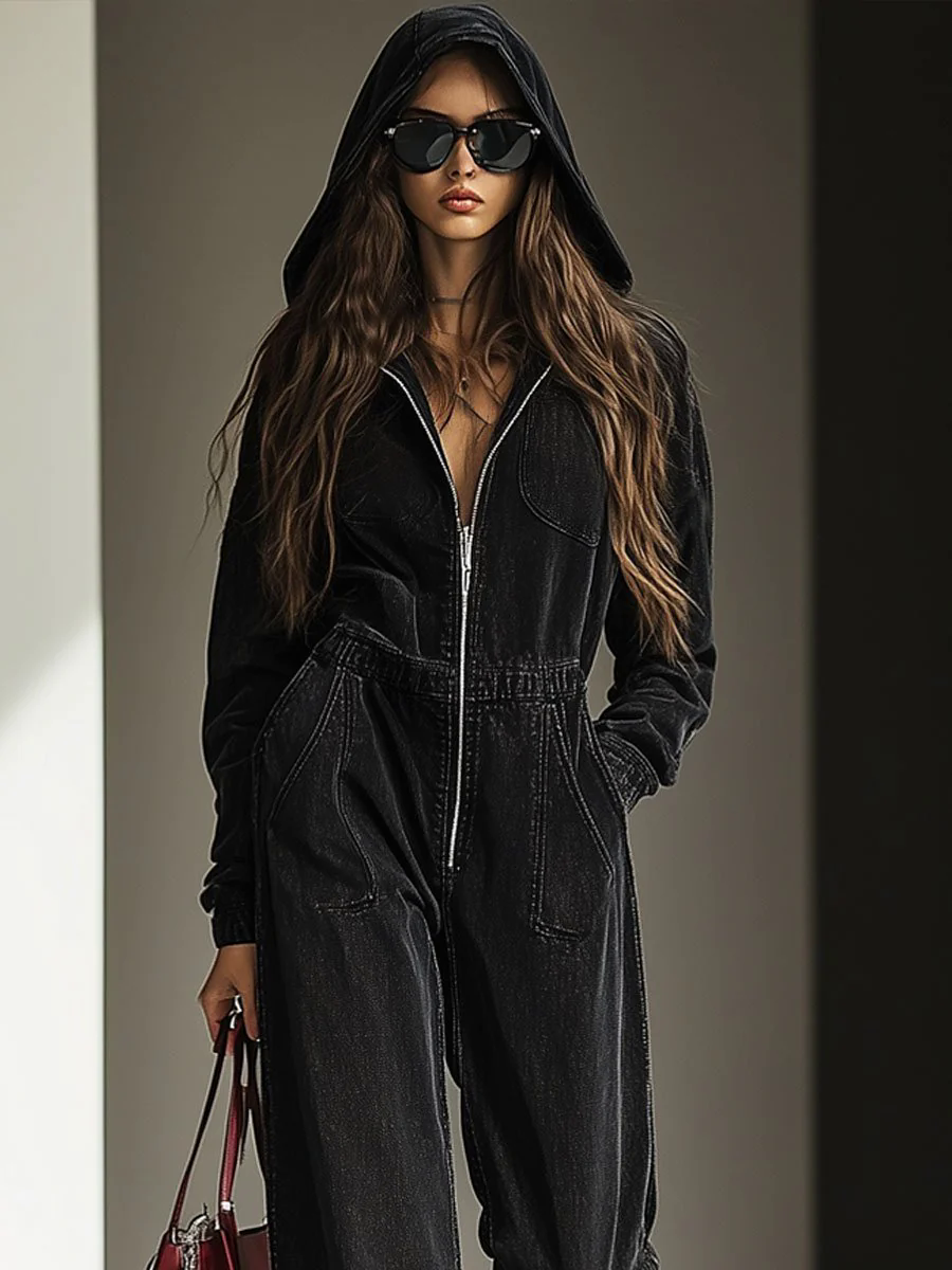 Casual Loose Vintage Denim Elastic Waist Zipper Hooded Jumpsuit