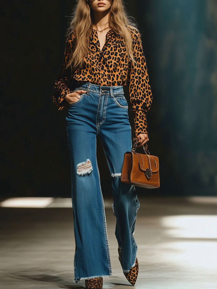 Casual Loose Vintage Velvet Leopard Print Long Sleeve Blouse