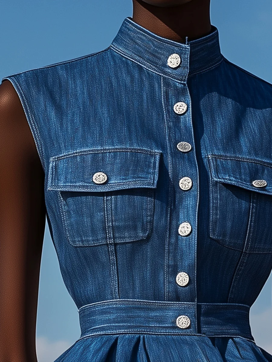 Elegant Half Turtleneck Waist Ruffled Hem Denim Sleeveless Shirt