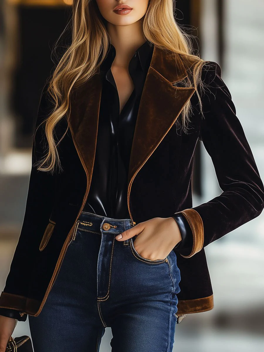 Casual Loose Vintage Velvet Colorblock Lapel Pocket Blazer
