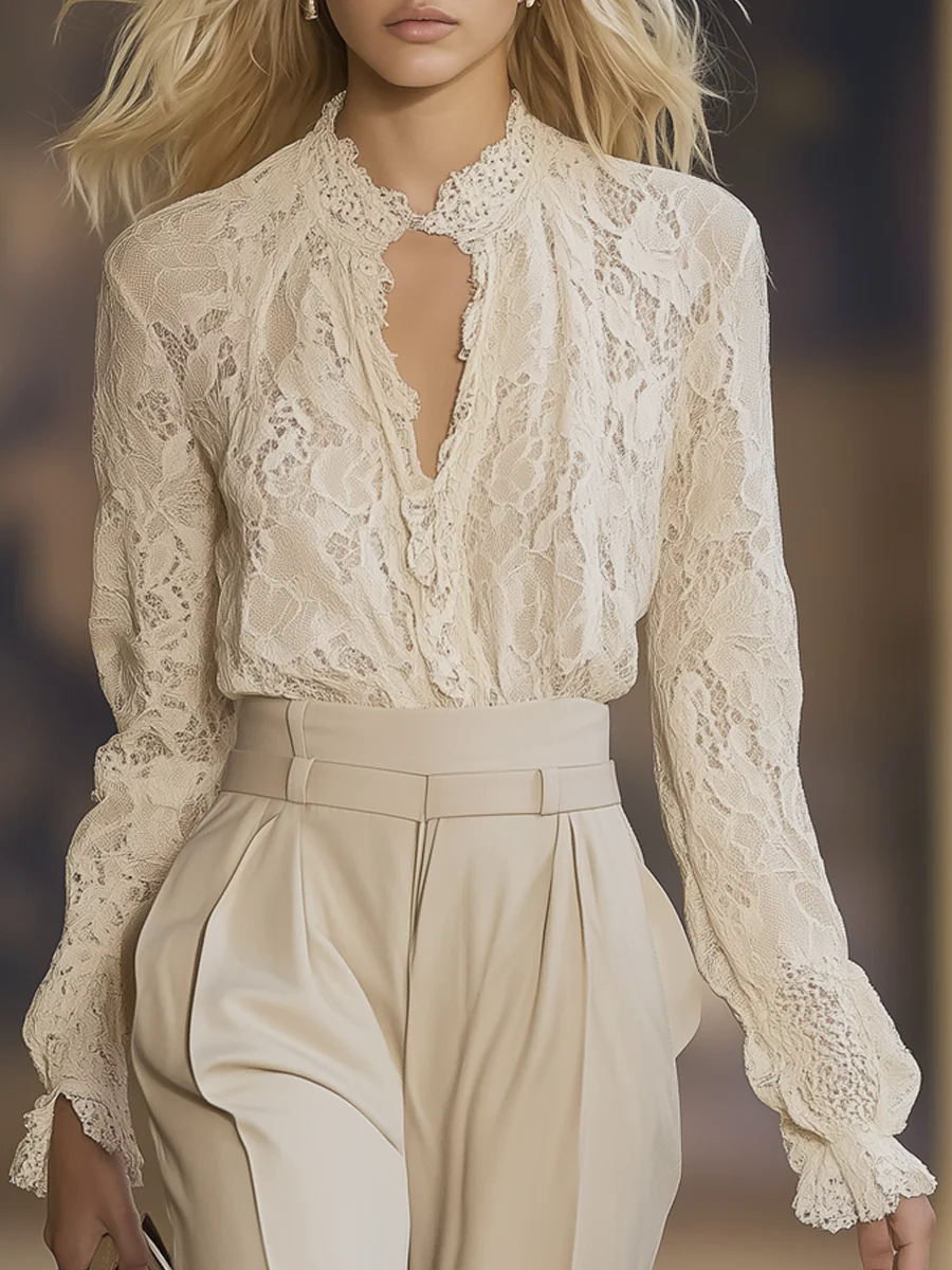 Elegant High-Grade Lace Hollow Long-Sleeved Shirt
