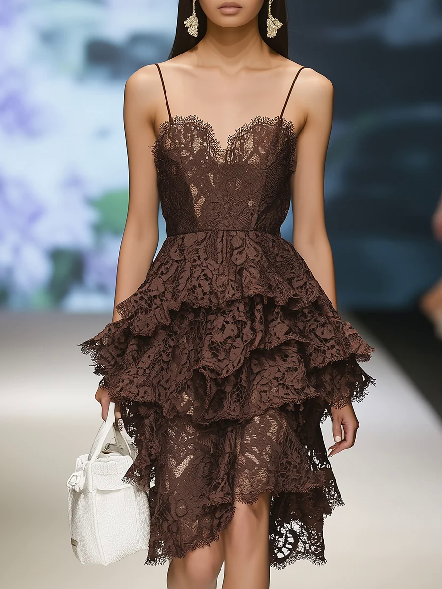 Elegant Vintage Dark Brown Lace Suspender Ruffle Mini Dress