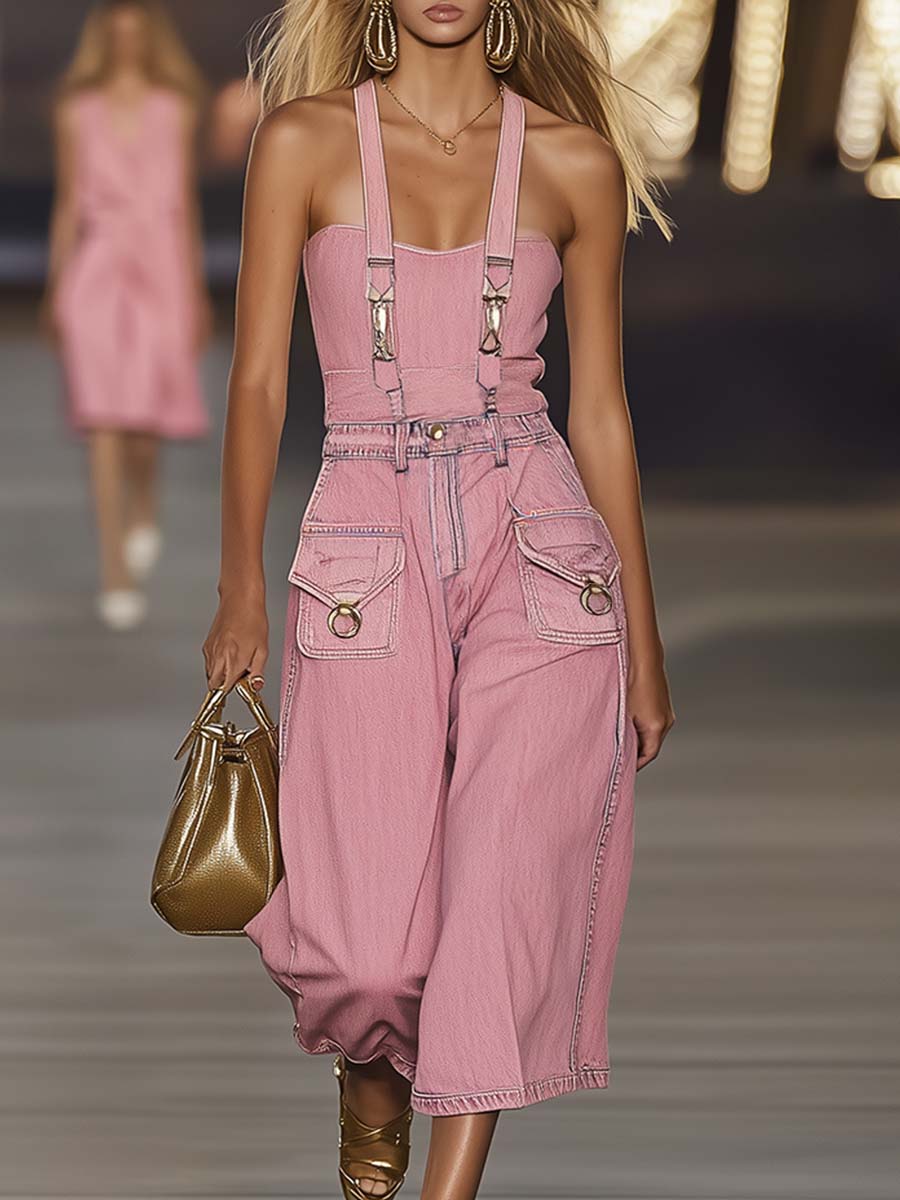 Fashion Personality Loose Pink Suspender Denim Jumpsuit Overalls