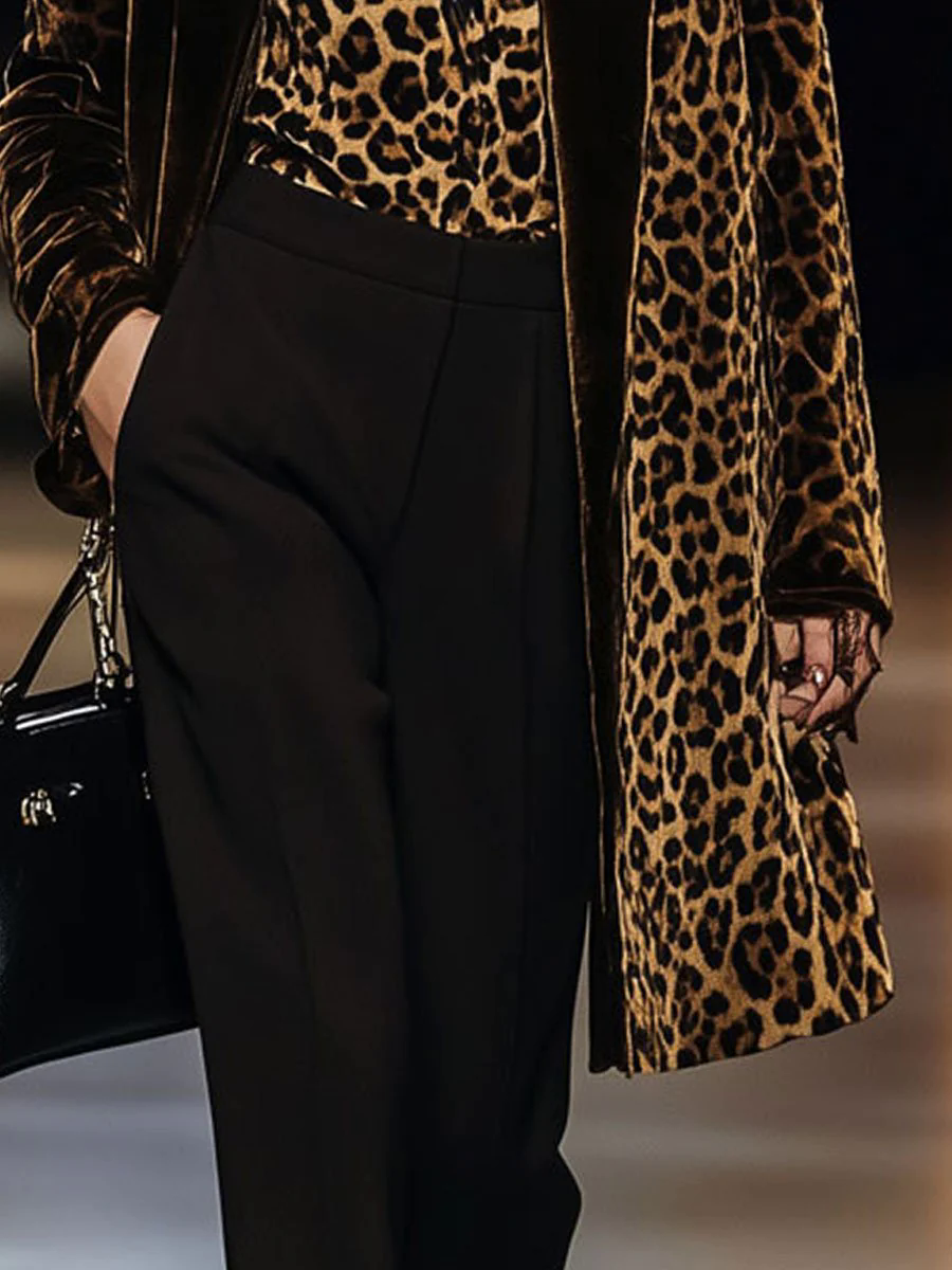 Casual Loose Vintage Velvet Leopard Print Colorblock Lapel Coat