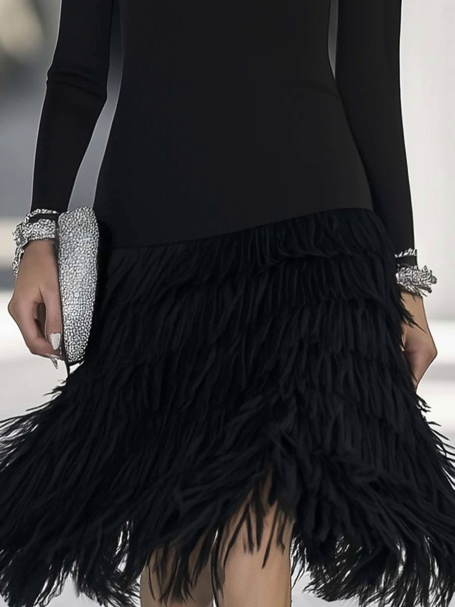 Elegant and Fashionable Half-high Collar Feather Hem Stitching Black Midi Dress