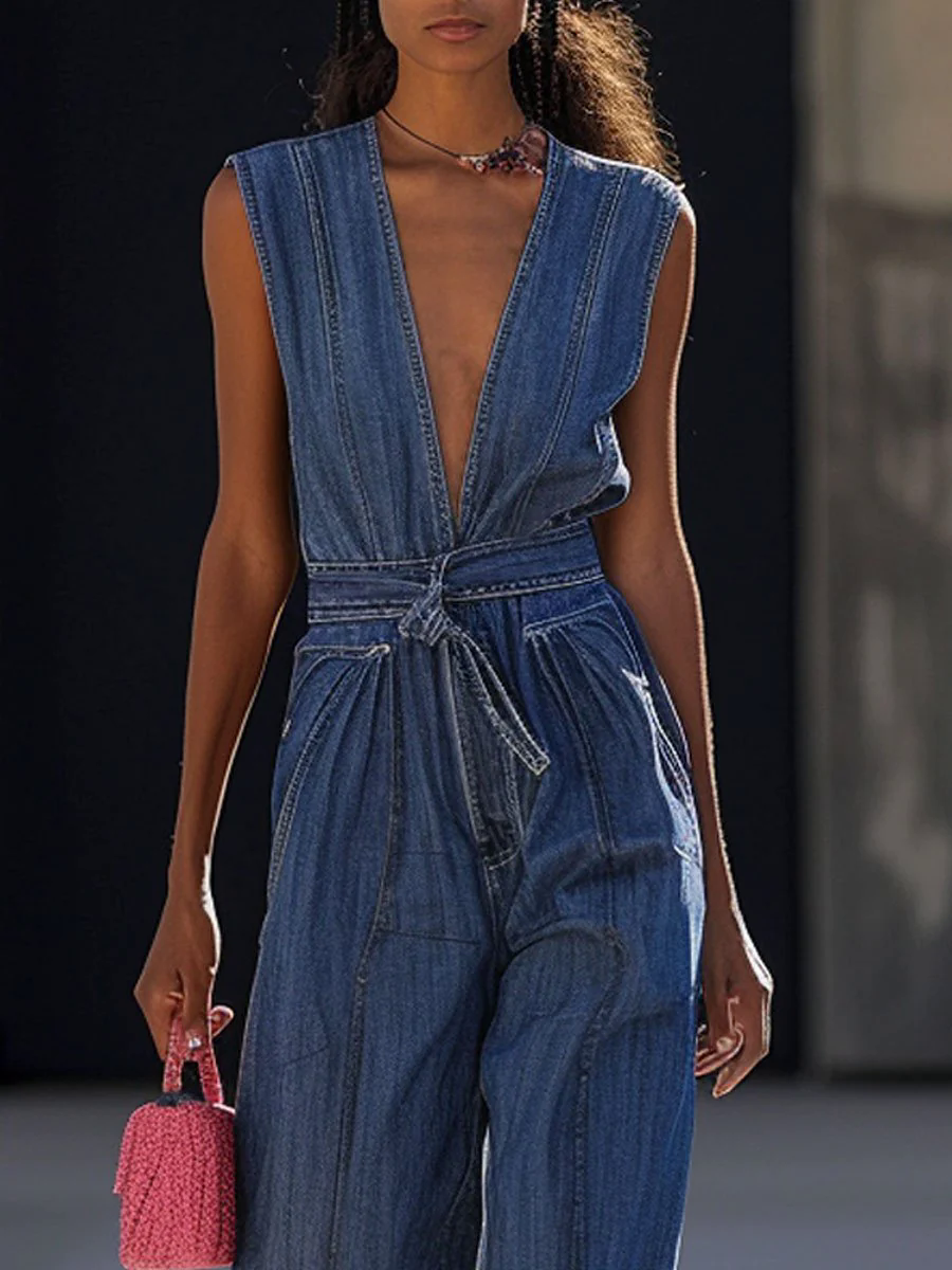 V-Neck Loose Casual Retro Pocket Lace-Up Denim Jumpsuit