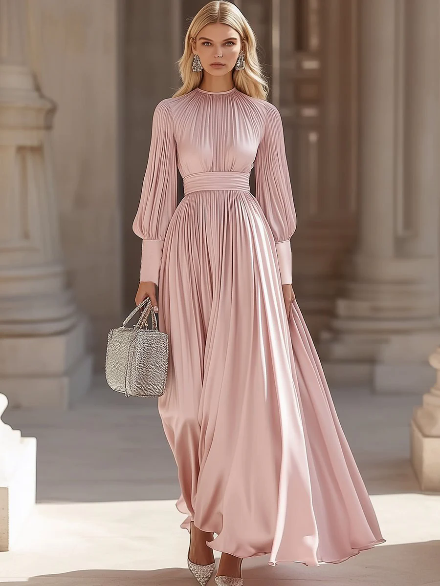 Fashionable And Elegant High-End Pleated Satin Maxi Dress