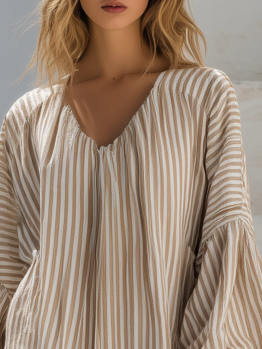 Casual Loose Vacation V-Neck Lantern Sleeve Vertical Striped Mini Dress