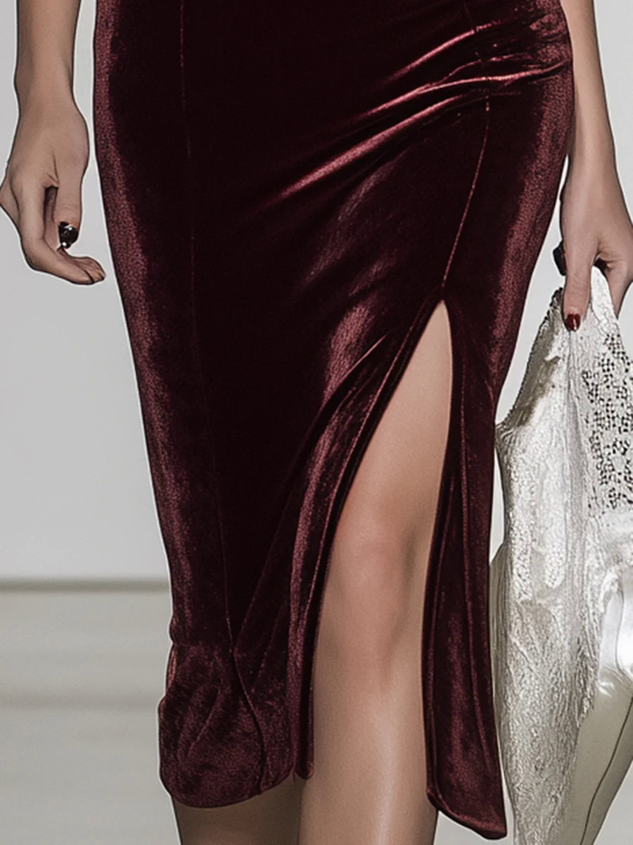 Women's Angora Red Velvet Spliced White Lace Suspender Slit Dress