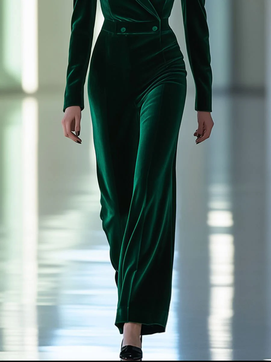 Casual Loose Retro Green Velvet Double-Layer Lapel Long-Sleeved Jumpsuit
