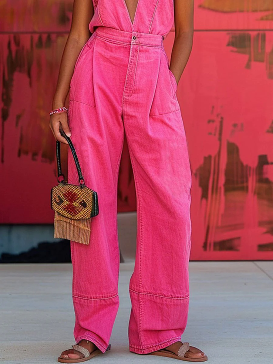 V-Neck Casual Loose Pocket Sleeveless Denim Jumpsuit