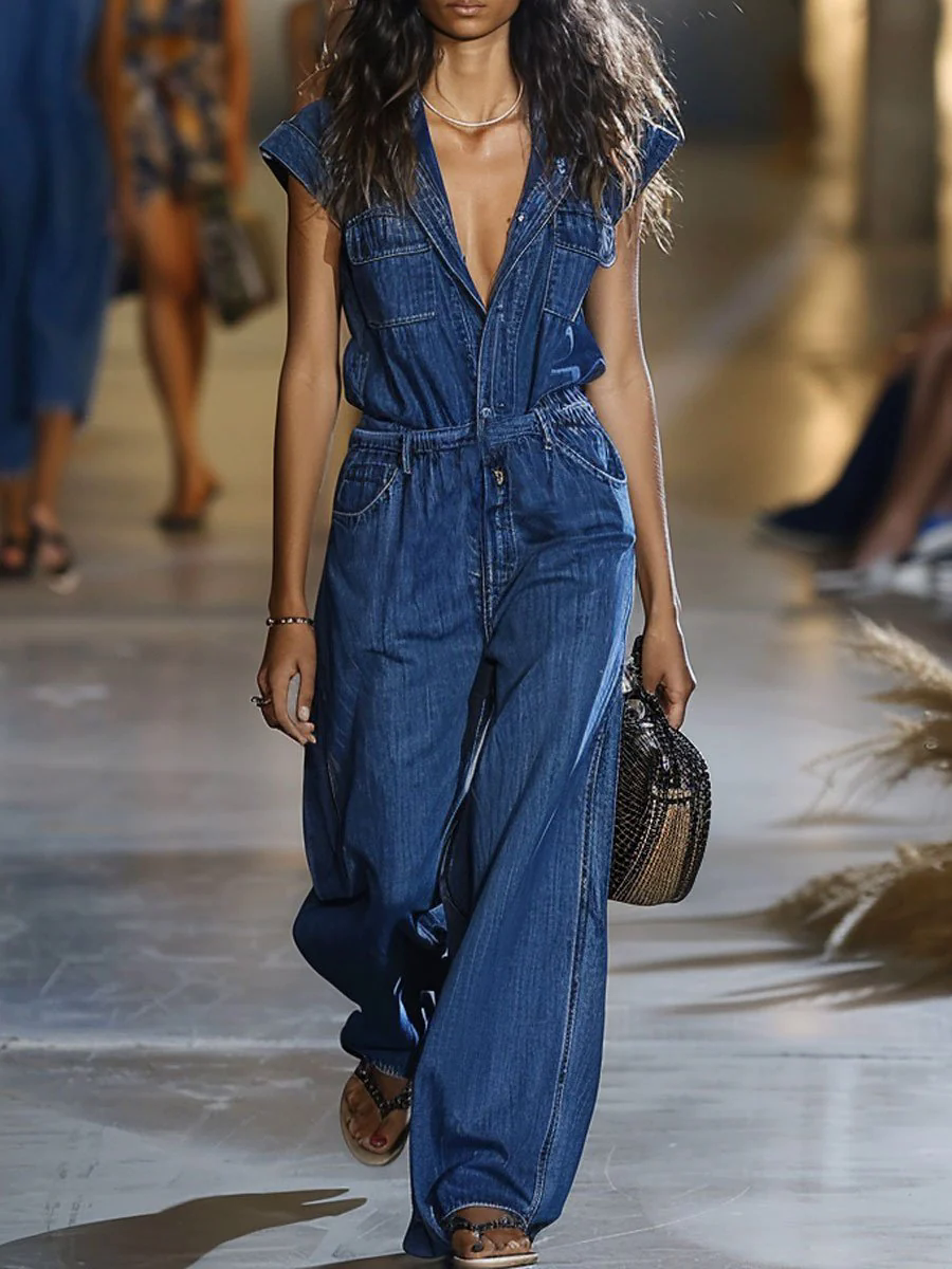 Casual Loose Elastic Waist Pocket Short Sleeve Shirt Denim Wide Leg Jumpsuit