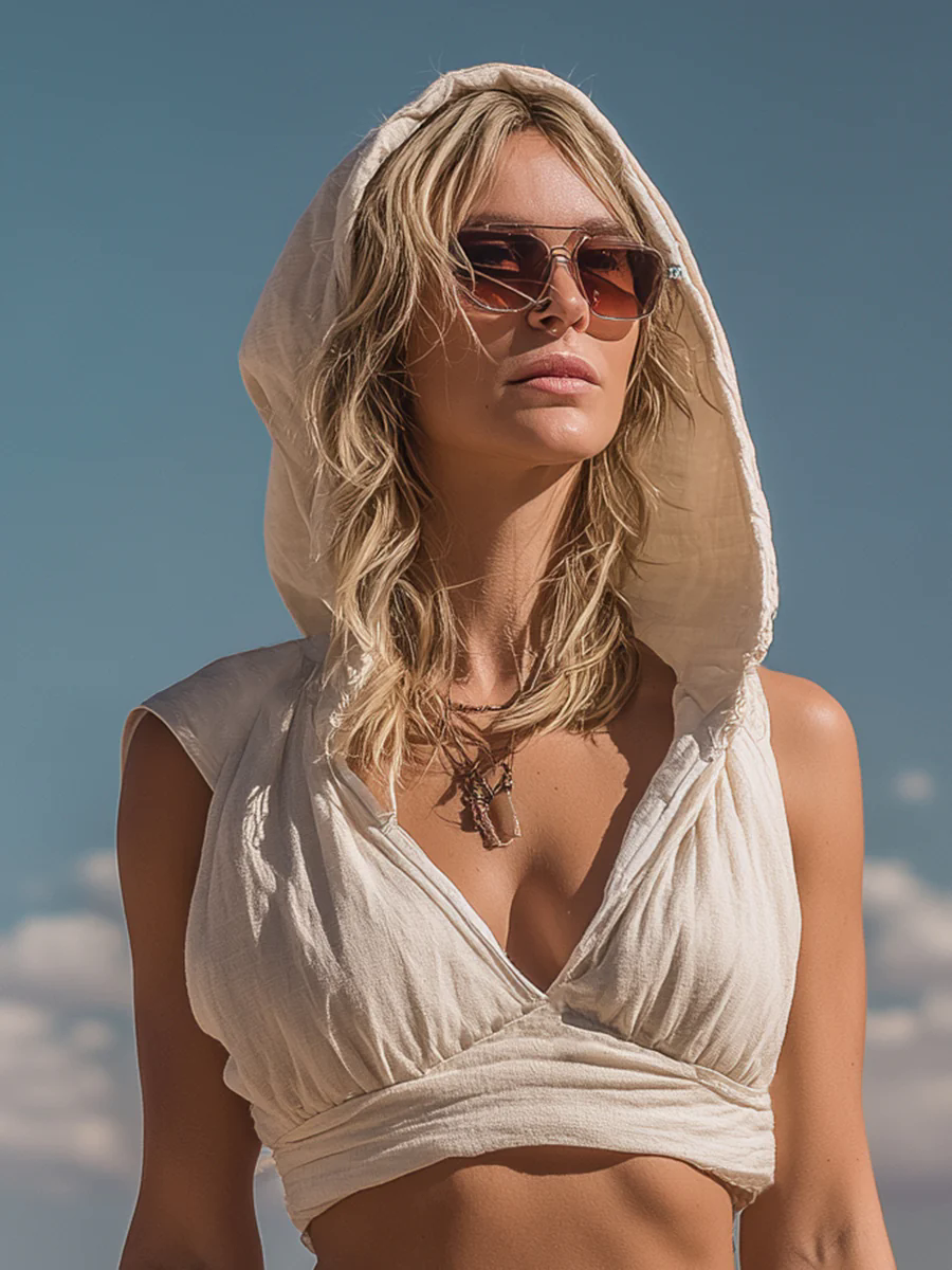 Retro And Fashionable Wasteland Style Hooded Top Tassel Skirt Beige Cotton And Linen Suit