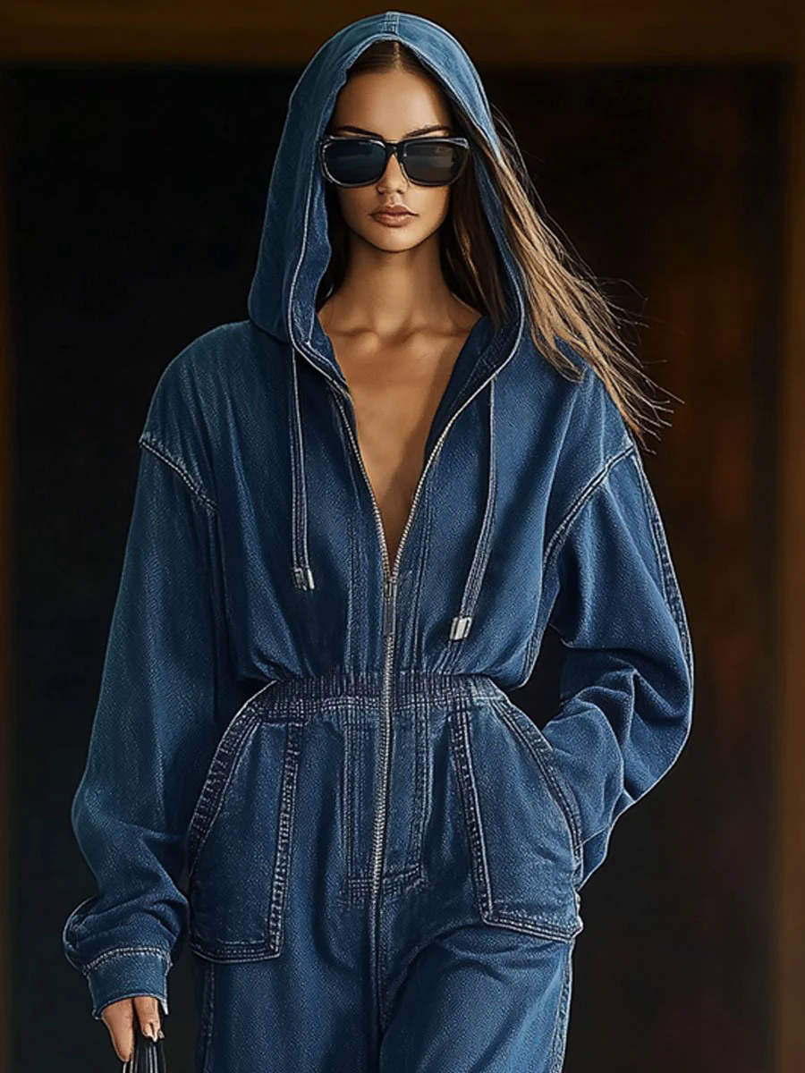 Casual Loose Retro Elastic Waist Zipper Long Sleeve Hooded Denim Jumpsuit