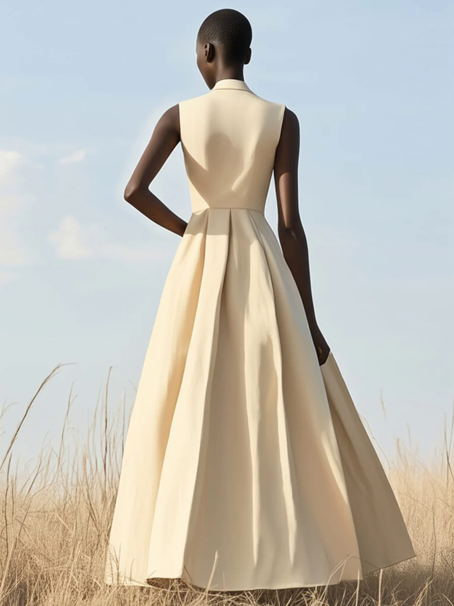 Elegant and Simple Black Button Stand Collar Sleeveless Maxi Dress