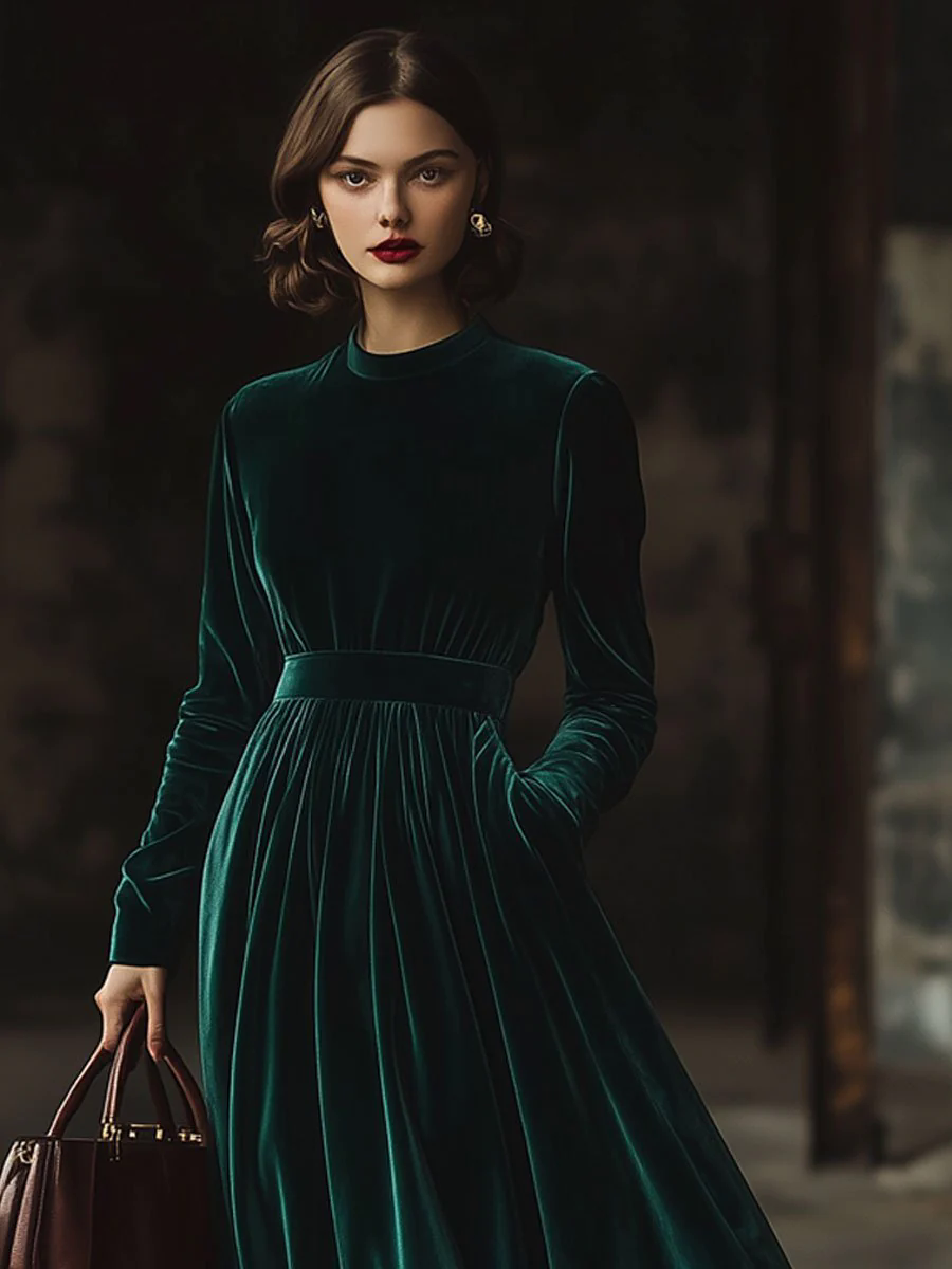 Stand Collar Loose Party Pocket Solid Velvet Long Sleeve Maxi Dress