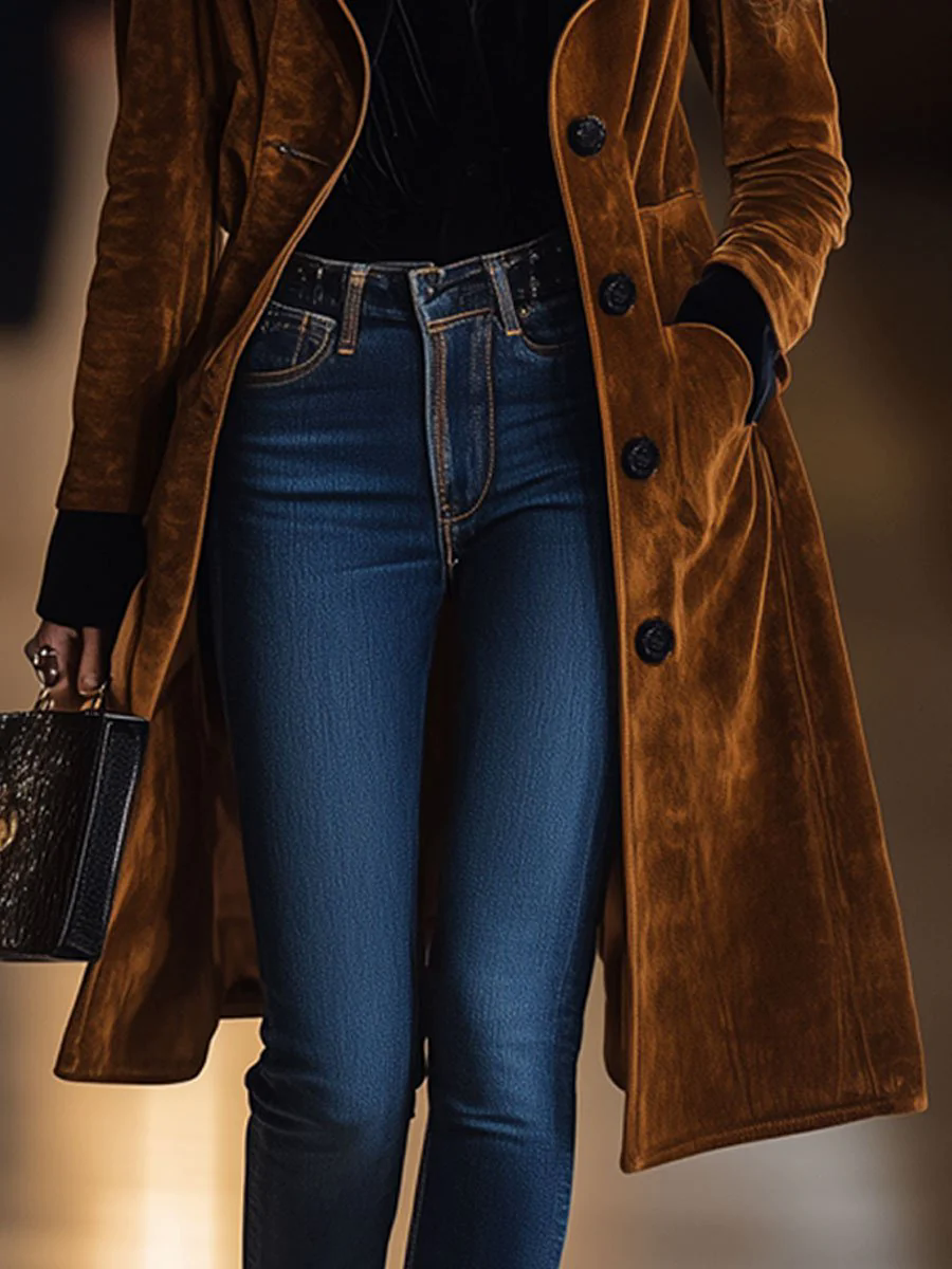 Casual Loose Vintage Caramel Suede Black Lapel Single Breasted Coat