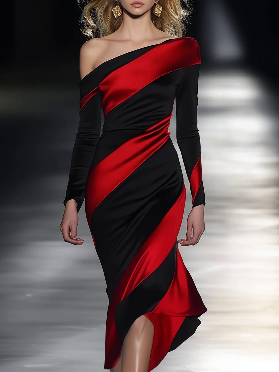 Elegant and Personalized Off-shoulder Black and Red Oblique Contrast Midi Dress