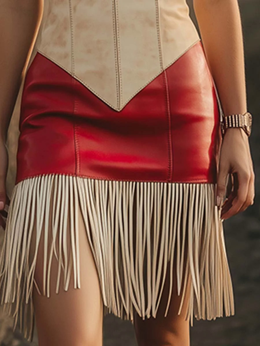 Elegant Retro Western Contrast Fringe Sleeveless Mini Dress