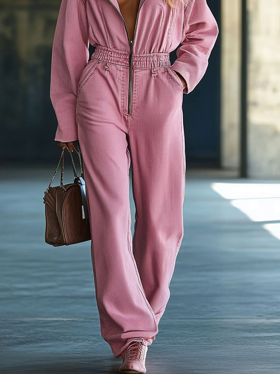 Casual Loose Retro Solid Color Corduroy Zipper Hooded Jumpsuit