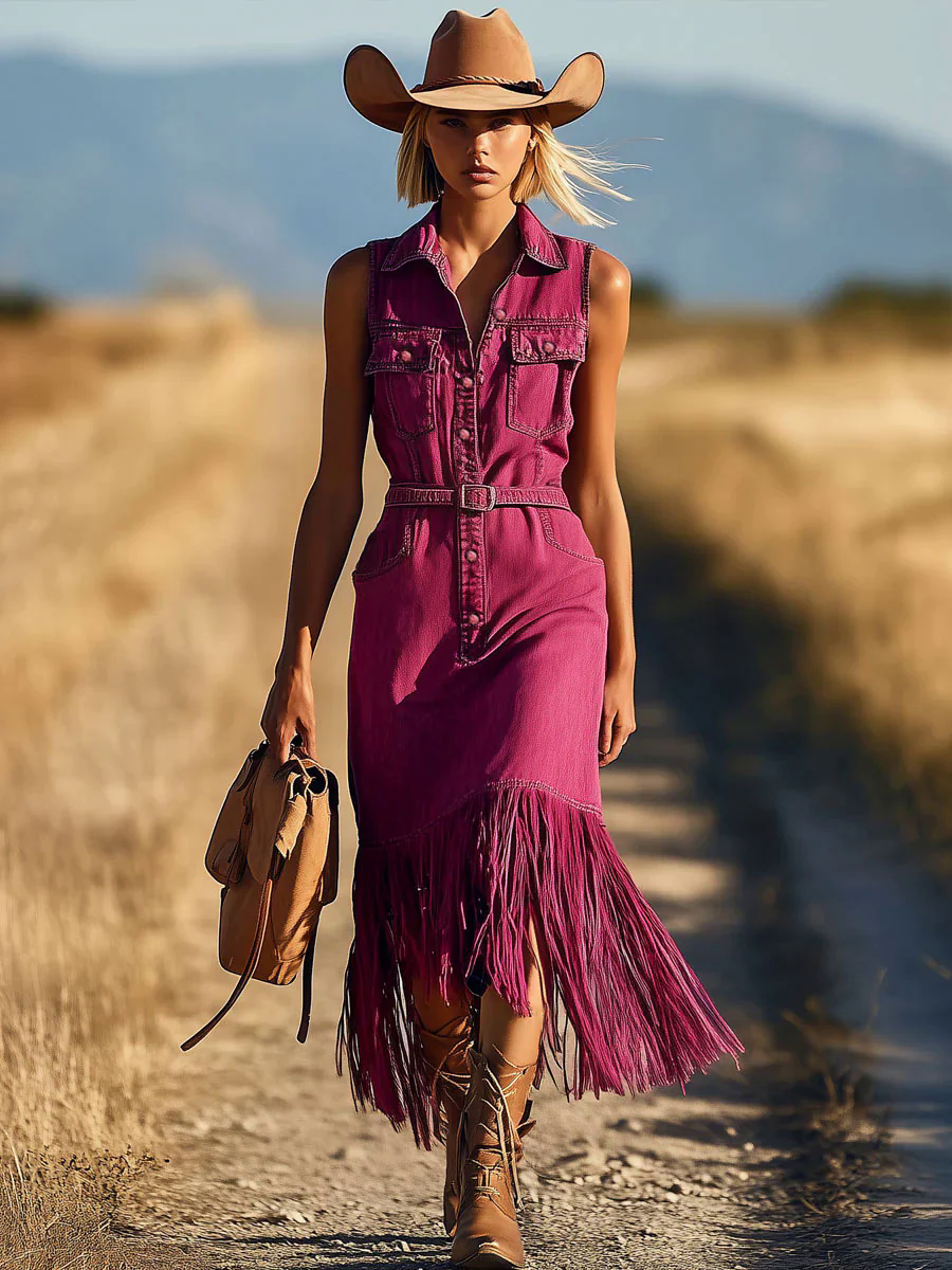 Casual Retro Fuchsia Denim Sleeveless Shirt Tassel Lace-up Midi Dress