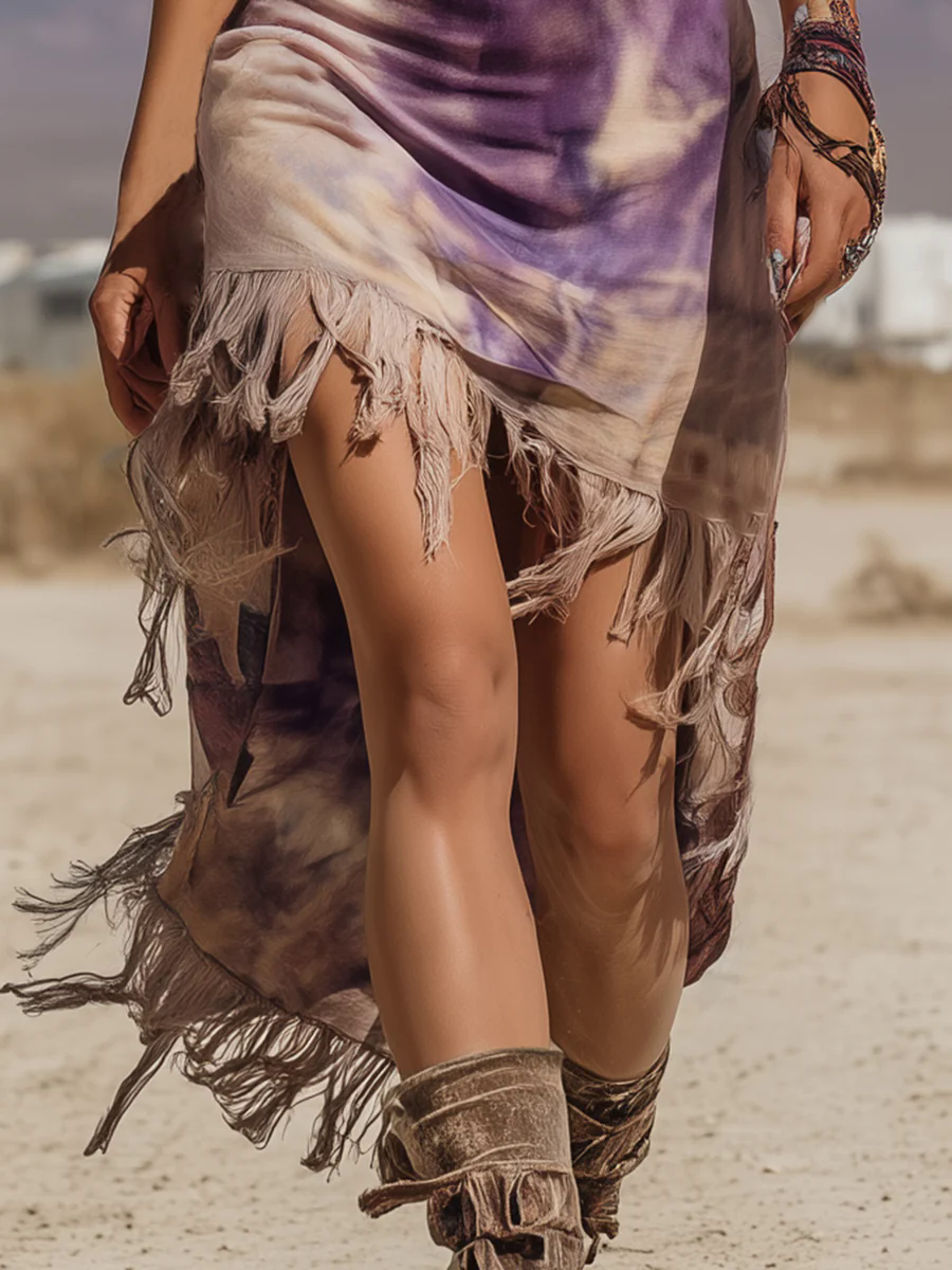 Retro Wasteland Style Purple Print Hooded Tassel Sleeveless Midi Dress