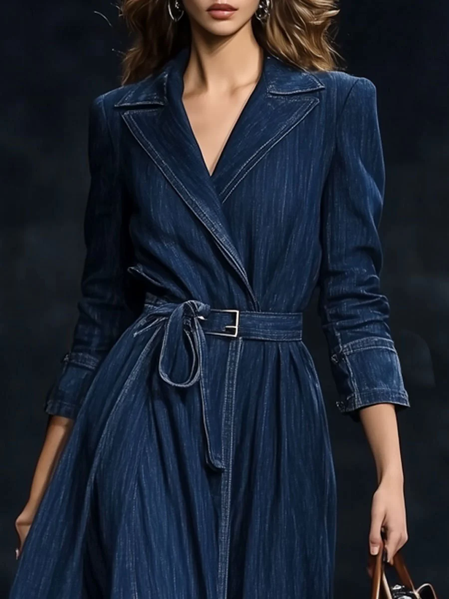 Casual Retro Belted Denim Long Sleeve Maxi Dress Style Trench Coat